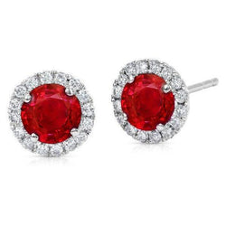 Rode ronde Ruby & Diamond Stud Halo Earring Witgoud 14K 3.50 Ct.