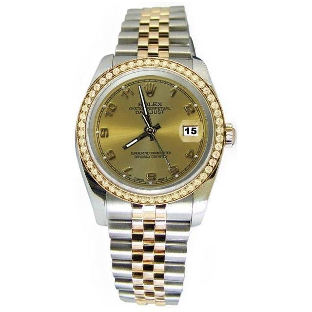 Roestvrij staal en goud Rolex-horloge Datumjust Arabische wijzerplaat jubileum diamanten rand SNELLE INSTELLING

