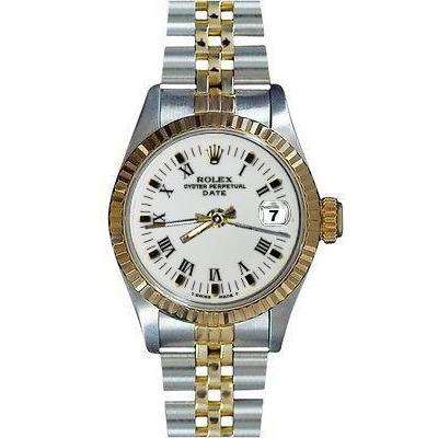 Roestvrij staal en gouden jubileumarmband, datumhorloge, witte Romeinse wijzerplaat, gecanneleerde rand
