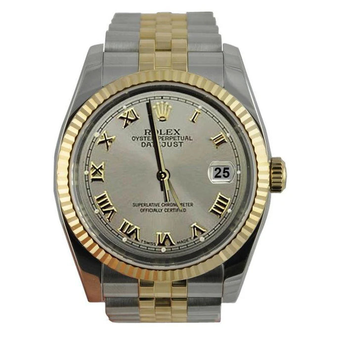 Roestvrij staal en goudgrijze Romeinse wijzerplaat Datumjust herenhorloge Rolex gecanneleerde rand snel ingesteld
