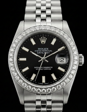 Afbeelding in Gallery-weergave laden, Roestvrij stalen jubileumarmband Rolex-horloge met zwarte wijzerplaat en diamanten rand
