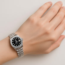 Afbeelding in Gallery-weergave laden, Roestvrij stalen jubileumarmband Rolex-horloge met zwarte wijzerplaat en diamanten rand
