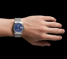 Afbeelding in Gallery-weergave laden, Roestvrijstalen jubileum Rolex Dateumust herenhorloge met blauwe stok-wijzerplaat en gecanneleerde rand snel ingesteld
