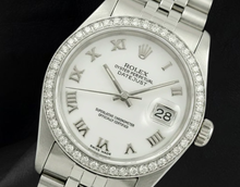Afbeelding in Gallery-weergave laden, Rolex Datumjust witte Dweil Romeinse wijzerplaat Diamanten lunette roestvrij staal Jubileum armband SNELLE INSTELLING
