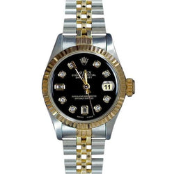 Rolex-horloge met gecanneleerde rand van roestvrij staal en goudkleurige stokbrood-diamanten wijzerplaat