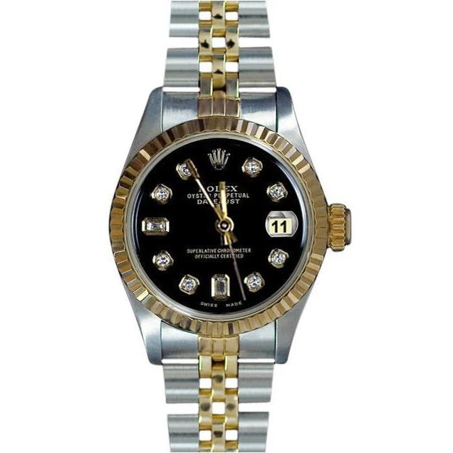 Rolex-horloge met gecanneleerde rand van roestvrij staal en goudkleurige stokbrood-diamanten wijzerplaat
