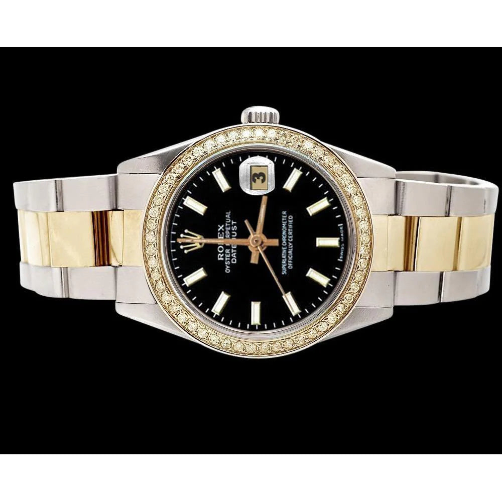 Rolex-horloge met zwarte wijzerplaat en roestvrijstalen wijzerplaat en gouden rand
