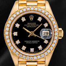Afbeelding in Gallery-weergave laden, Rolex Datejust 26 mm 69178 Zwarte Fabrieks Diamanten Wijzerplaat Diamanten Lunette Geelgoud
