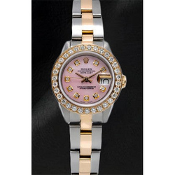 Rolex Datejust 26 mm roze parelmoer diamanten wijzerplaat two tone oester armband horloge