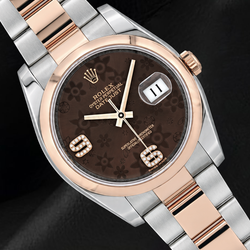 Rolex 116201 Datejust 36mm Bruine Florale Arabische Diamanten Wijzerplaat Tweekleurig Horloge