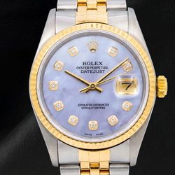Rolex 16013 Datejust 36mm Blauw Parelmoer Diamanten Wijzerplaat Tweekleurig Horloge