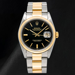 Rolex 16203 Datejust 36mm Horloge met Zwarte Wijzerplaat met Streepindexen en Tweekleurige Oyster-armband
