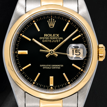 Afbeelding in Gallery-weergave laden, Rolex 16203 Datejust 36mm Horloge met Zwarte Wijzerplaat met Streepindexen en Tweekleurige Oyster-armband
