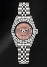 Afbeelding in Gallery-weergave laden, Rolex 26mm Datejust 6916 Horloge van Roestvrij Staal met Zalmkleurige Diamanten Wijzerplaat en Diamanten Lunette
