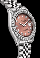 Afbeelding in Gallery-weergave laden, Rolex 26mm Datejust 6916 Horloge van Roestvrij Staal met Zalmkleurige Diamanten Wijzerplaat en Diamanten Lunette
