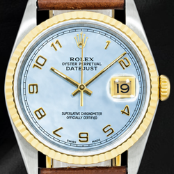 Rolex Datejust 16013 36 mm Horloge met Blauwe Parelmoer Arabische Wijzerplaat en Bruine Leren Band