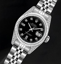 Afbeelding in Gallery-weergave laden, Rolex 6916 Zwarte Diamanten Wijzerplaat 26mm Gekartelde Lunette Roestvrij Staal Horloge
