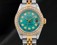 Afbeelding in Gallery-weergave laden, Rolex 69173 Datejust 26mm Turkoois Diamanten Wijzerplaat Geelgoud en Roestvrij Staal Horloge
