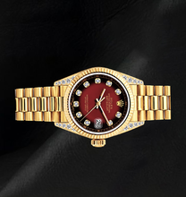 Afbeelding in Gallery-weergave laden, Rolex 69178 Datejust 26mm Rode Diamanten Wijzerplaat Geelgoud President Band 18K Horloge
