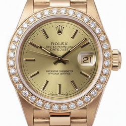 Rolex Day-Date President Horloge met Champagne Wijzerplaat met Streepindexen, Diamanten Lunette en Geelgoud