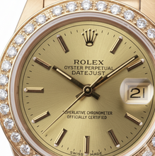 Afbeelding in Gallery-weergave laden, Rolex Champagne Stok wijzerplaat voorzitter horloge Datumjust diamanten rand Geel goud
