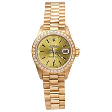 Afbeelding in Gallery-weergave laden, Rolex Champagne Stok wijzerplaat voorzitter horloge Datumjust diamanten rand Geel goud

