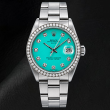 Afbeelding in Gallery-weergave laden, Rolex Date 1500 34mm Turkoois Diamanten Wijzerplaat Roestvrij Staal Horloge
