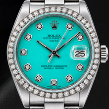 Afbeelding in Gallery-weergave laden, Rolex Date 1500 34mm Turkoois Diamanten Wijzerplaat Roestvrij Staal Horloge
