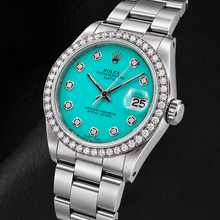 Afbeelding in Gallery-weergave laden, Rolex Date 1500 34mm Turkoois Diamanten Wijzerplaat Roestvrij Staal Horloge
