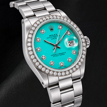 Afbeelding in Gallery-weergave laden, Rolex Date 1500 34mm Turkoois Diamanten Wijzerplaat Roestvrij Staal Horloge
