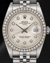Afbeelding in Gallery-weergave laden, Rolex Date 1501 34mm Zilveren Diamanten Wijzerplaat Roestvrij Staal Horloge
