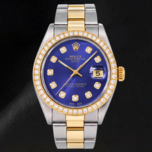 Afbeelding in Gallery-weergave laden, Rolex Date 1505 34mm Blauwe Diamanten Wijzerplaat Tweekleurig Horloge
