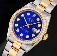 Afbeelding in Gallery-weergave laden, Rolex Date 1505 34mm Blauwe Diamanten Wijzerplaat Tweekleurig Horloge
