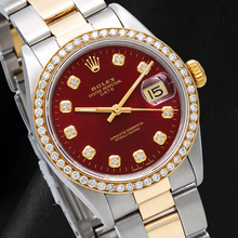 Afbeelding in Gallery-weergave laden, Rolex Date 1505 34mm Rode Diamanten Wijzerplaat Jubilee-armband Tweekleurig Horloge
