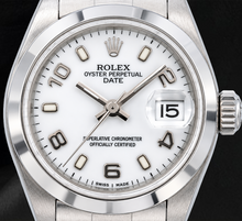 Afbeelding in Gallery-weergave laden, Rolex Date 6916 26mm Witte Arabische Wijzerplaat Gladde Lunette Roestvrij Staal Horloge
