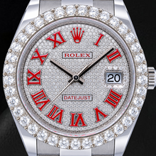 Afbeelding in Gallery-weergave laden, Rolex Datejust 126300 41mm Pavé Diamanten Rode Romeinse Wijzerplaat Roestvrij Staal Horloge
