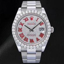 Afbeelding in Gallery-weergave laden, Rolex Datejust 126300 41mm Pavé Diamanten Rode Romeinse Wijzerplaat Roestvrij Staal Horloge
