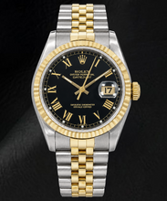 Afbeelding in Gallery-weergave laden, Rolex Datejust 16013 36mm Tweekleurig Horloge met Zwarte Romeinse Wijzerplaat
