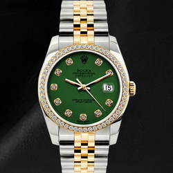 Rolex Datejust 16013 36 mm Tweekleurig Horloge met Groene Diamanten Wijzerplaat en Diamanten Lunette
