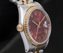 Afbeelding in Gallery-weergave laden, Rolex Datejust 16013 36mm Tweekleurig Horloge met Rode Romeinse Wijzerplaat
