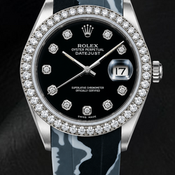 Rolex Datejust 16014 36mm Horloge met Zwarte Diamanten Wijzerplaat en Grijze Camouflage Rubberen Band