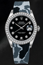 Afbeelding in Gallery-weergave laden, Rolex Datejust 16014 36mm Horloge met Zwarte Diamanten Wijzerplaat en Grijze Camouflage Rubberen Band
