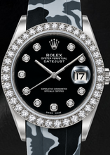 Afbeelding in Gallery-weergave laden, Rolex Datejust 16014 36mm Horloge met Zwarte Diamanten Wijzerplaat en Grijze Camouflage Rubberen Band
