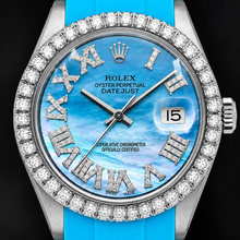 Afbeelding in Gallery-weergave laden, Rolex Datejust 16014 36mm Blauw Parelmoer Romeinse Diamanten Wijzerplaat Rubberen Band Horloge
