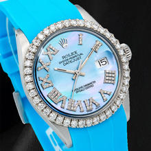 Afbeelding in Gallery-weergave laden, Rolex Datejust 16014 36mm Blauw Parelmoer Romeinse Diamanten Wijzerplaat Rubberen Band Horloge
