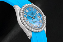 Afbeelding in Gallery-weergave laden, Rolex Datejust 16014 36mm Blauw Parelmoer Romeinse Diamanten Wijzerplaat Rubberen Band Horloge
