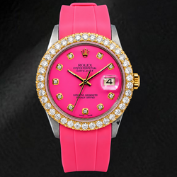 Rolex Datejust 16014 36mm Roze Diamanten Wijzerplaat Diamanten Lunette Roze Rubberen Band Horloge