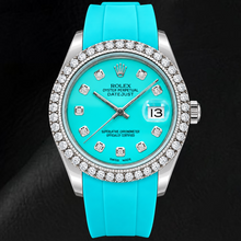 Afbeelding in Gallery-weergave laden, Rolex Datejust 16014 36mm Turkooizen Diamanten Wijzerplaat Blauwe Rubberen Band Horloge
