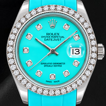 Afbeelding in Gallery-weergave laden, Rolex Datejust 16014 36mm Turkooizen Diamanten Wijzerplaat Blauwe Rubberen Band Horloge
