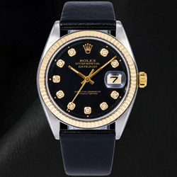Rolex Datejust 1601 36mm Zwarte Diamanten Wijzerplaat Zwarte Leren Band Tweekleurig Horloge